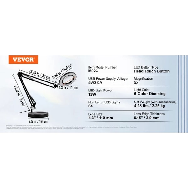 Suurennuslasi valolla, 5X suurennus, 64 LED-valoa, M023 Base-versiolla M023 with Base M023 with Base