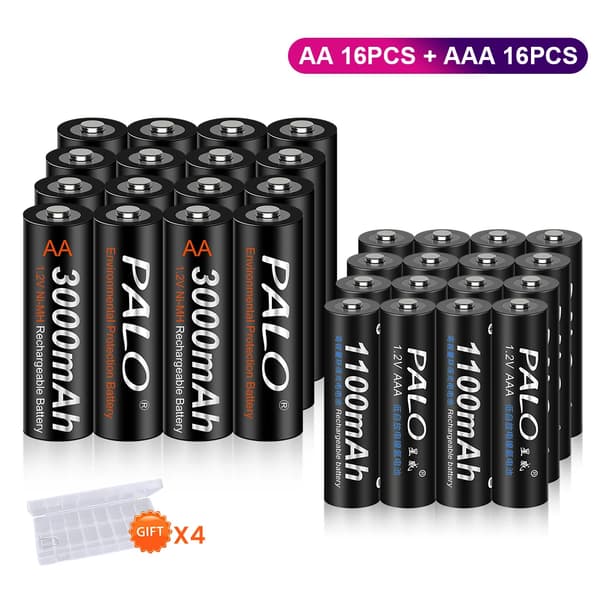 Uppladdningsbara batterier, 1100mAh (AAA), 3000mAh (AA), 16AA AAA