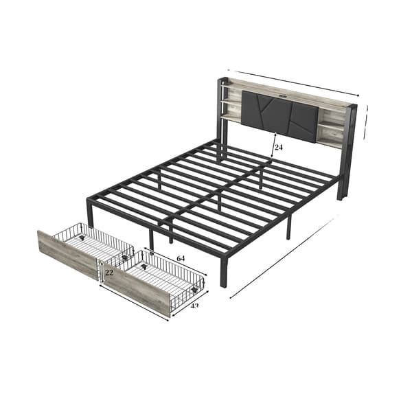 Dobbeltseng med opbevaring, LED-lysstribe, USB-opladning, Sort, 160×200cm