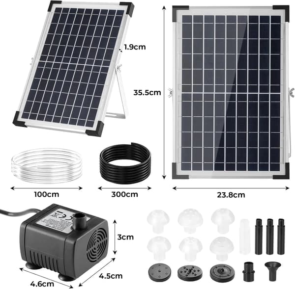 Solarpump för damm, 12W effekt, 500L/h flödeshastighet, 60 cm spruthöjd