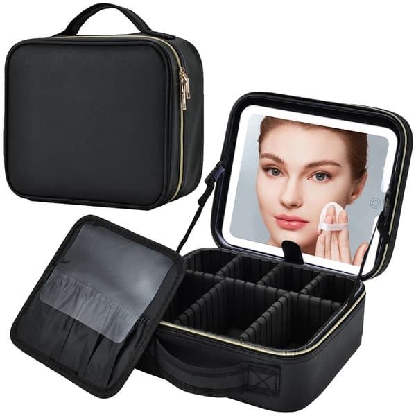 Makeup taske, LED-spejl, justerbart lys, aftagelige inddelere, Klassisk Sort