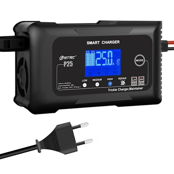 Automatisk Bilbatterioplader 25A, Multi-Batteri Kompatibilitet, LCD Skærm,EU-stik EU Plug EU Plug