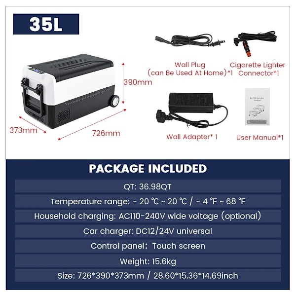 Transportabel bilkyl, 35L/45L kapacitet, dubbel strömkompatibilitet, brett temperaturområde,35 liter 35L