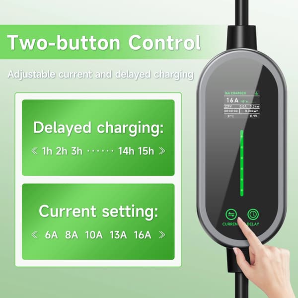 Bærbar EV-lader, Wi-Fi og Bluetooth kontrol, justerbar strøm 6A-16A, Type2 med app 5m, TYPE2
