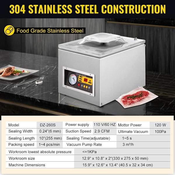 Livsmedels Vakuumförpackningsmaskin - 120W Vakuum Pump, Multifunktionell Kontrollpanel, Transparent Glaslock & Nödstopp-knapp