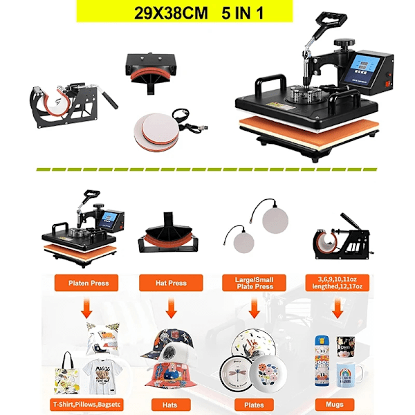 Värmepressmaskin Combo, 12"x15" med CE-certifiering, Temperaturområde 200-450℉,5 i 1 12 x 15 tum 5 in 1 12 x 15 inch 5 in 1 12 x 15 inch