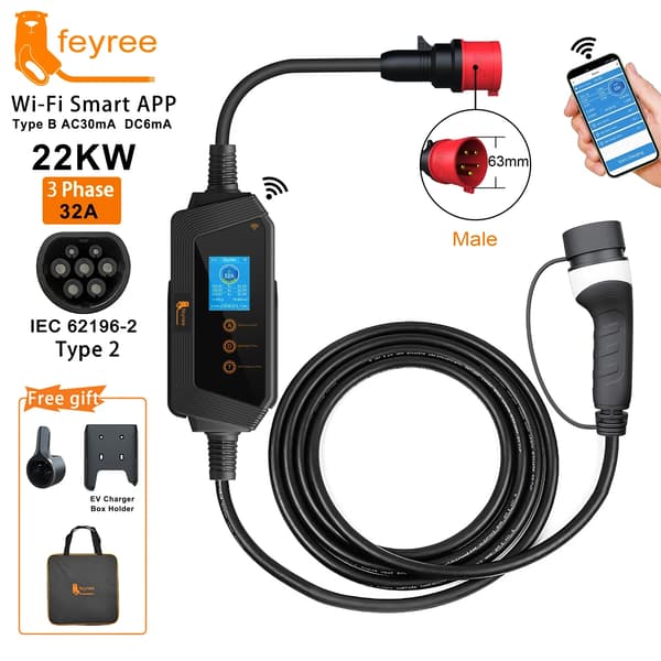 Bærbar EV-lader, Wi-Fi-kontrol, multifunktionelt design, 22KW APP NE Adapter