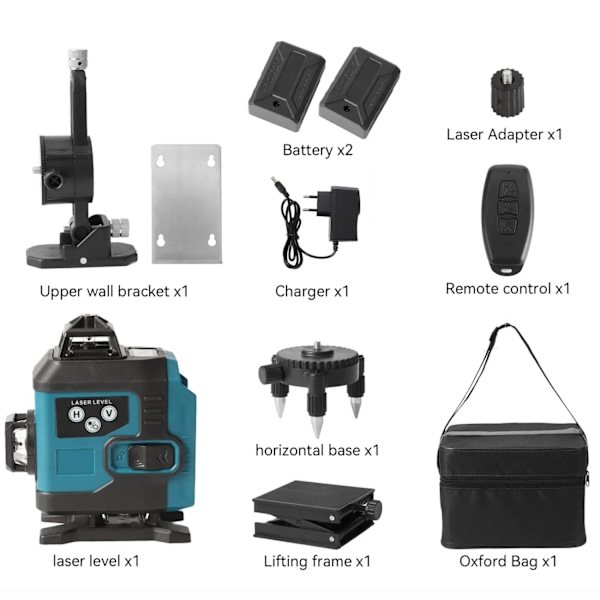 16 Linjer 4D Laser Niveau, Selvnivellerende, 360° Rotation, IP54 Vandtæt,16Linjer 4D Med 2XBatterier 16Lines 4D With 2XBatteries 16Lines 4D With 2XBatteries