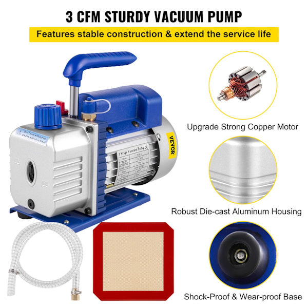 3 CFM/4 CFM Vakuumipumppu 1,5-5Gal Kammion kanssa - Sisäänrakennettu jäähdytyspuhallin, Kestävä tiiviste & Glycerin mittari 4CFM 3Gallon