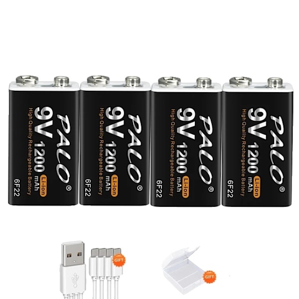 Genopladeligt 9V batteri, 1200mAh kapacitet, USB-opladningsport, 9V, 4 stk 9V