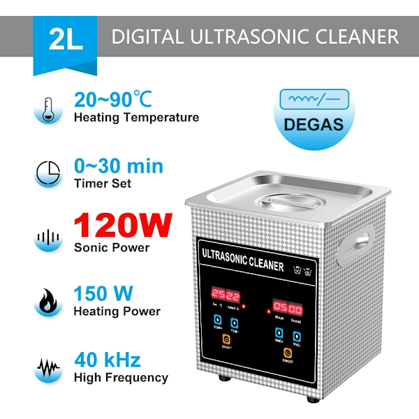 2L Ultraljudsrenare, 120W Sonic Power, 20-90°C Uppvärmningsområde,2L-Plus-120W, EU 2L-Plus-120W 2L-Plus-120W