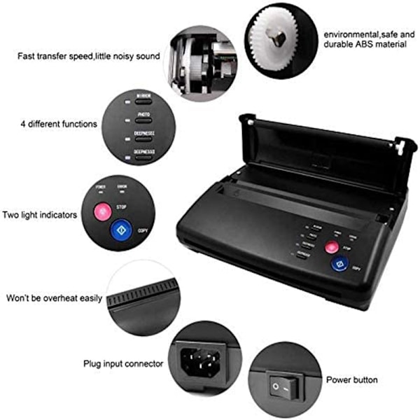 Tatoveringsskabelonprinter, termisk udskrivning, med 10 stk. overføringspapir EU Plug