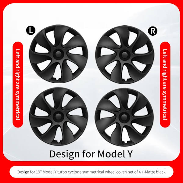 Hjulafdækning, 19" Mat Sort Finish, Perfekt Pasform til Model Y, Cyclone Stil