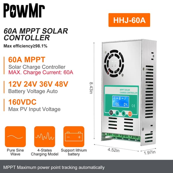 Solcellelader, MPPT 60A, LCD-skærm, MPPT 60A, 12V 24V 36V 48V