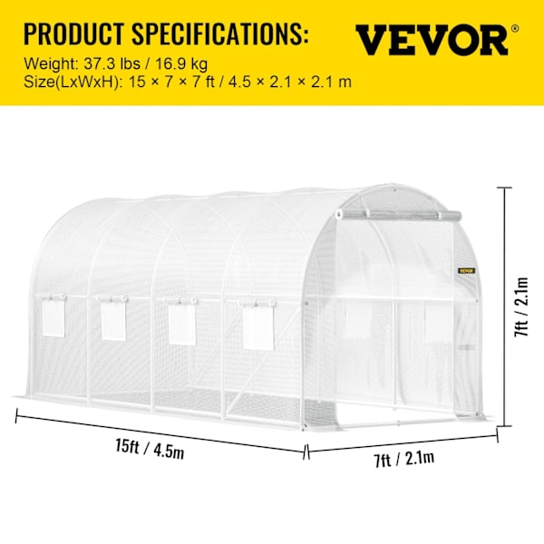 Portabel Tunnelväxthus, Galvaniserat Stålram, Vattentät PE-Överdrag, 14,8 x 6,6 x 6,6 fot,Vit White White
