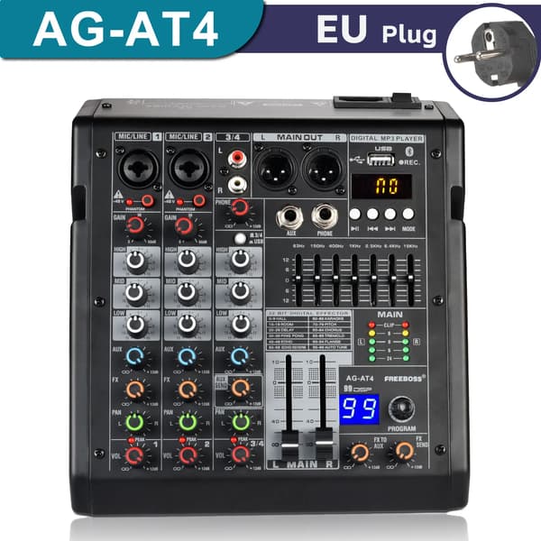 4-kanavainen äänimikseri, 48V phantom-virta, Bluetooth-yhteys, EU -pistoke