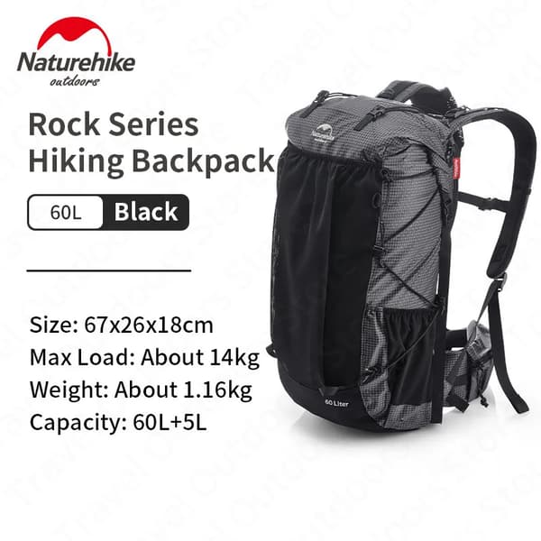 Hikingryggsäck, Lättviktsdesign, Rivtåligt tyg, 60L svart