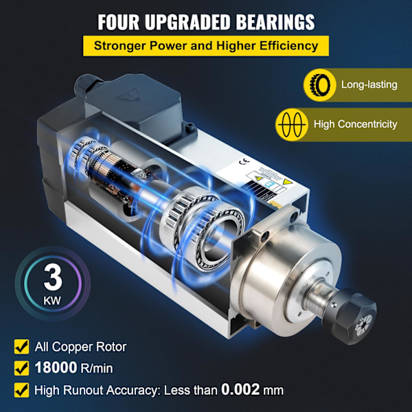 3KW Ilmajäähdytteinen Spindelimoottori, Dynaaminen Tasapainoteknologia, 18000 R/min Nopeus
