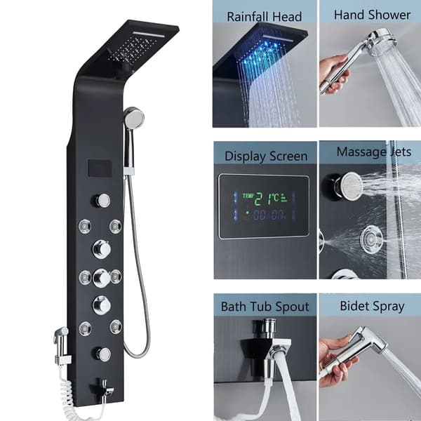 Duschpanel, LED-ljuskälla, trippelhandtagskontroll, Svart 8009