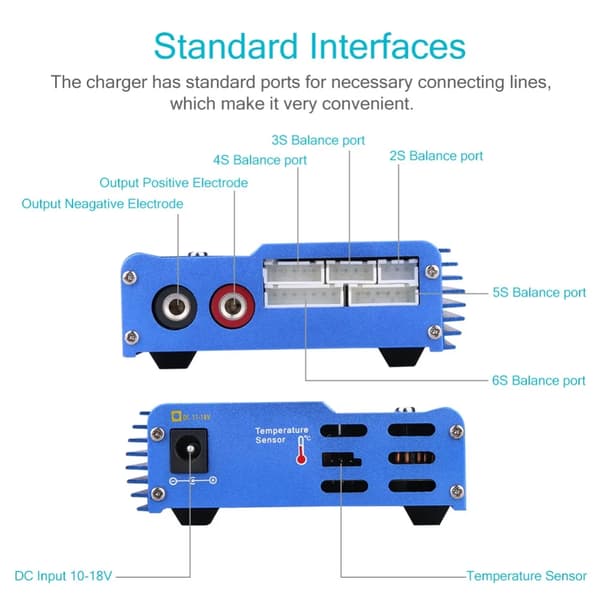 80W Batterioplader, til Li-po - Ni-Mh - Li-ion - Ni-Cd, Blå med adapter, EU-stik