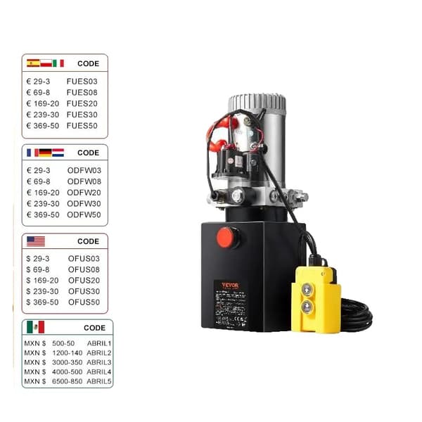 Hydraulisk Pump, 8 Quart Kapacitet, 3200 PSI Max Tryck, 12V DC Motor, 1.6kW Effekt, Inbyggda Säkerhetsventiler