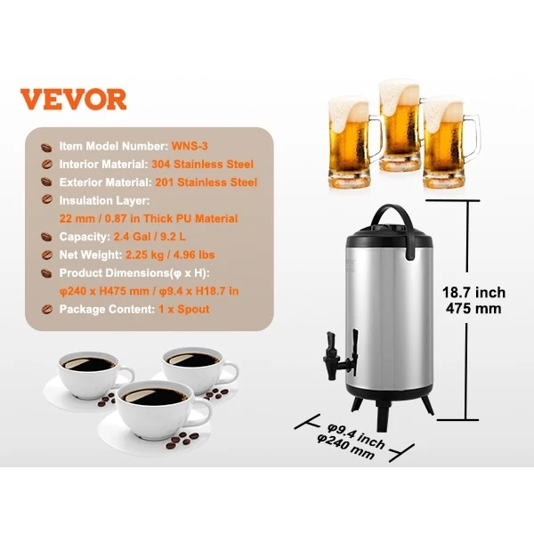 Rustfrit Stål Isoleret Drikke Dispenser, 6-9.2L, Dobbelt-Lag Termisk Beskyttelse,9,2 liter 9.2L 9.2L