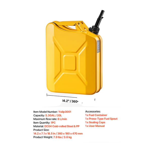 Bränslebehållare, 20L kapacitet, läckagesäker design, 1PC Gul