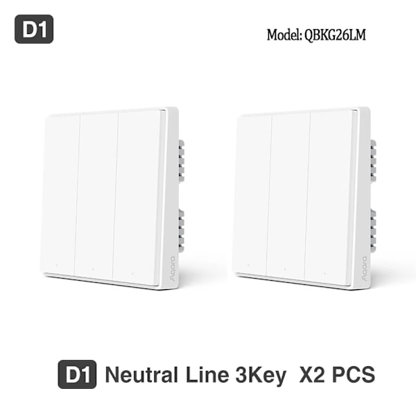 Aqara Zigbee Smart Wall Switch, Dobbelt Kontrolkanaler, Fjernbetjeningsmulighed,2X D1 med Neutral 3K 2X D1with Neutral 3K 2X D1with Neutral 3K