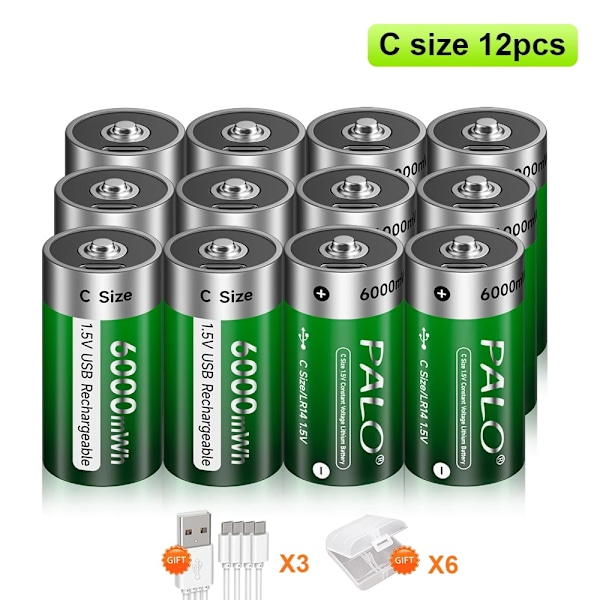 1,5V Litium-uudelleenladattava C-kokoinen paristo, USB-lataus, yli 3500mAh kapasiteetti,12 kpl 12 PCS 12 Pcs