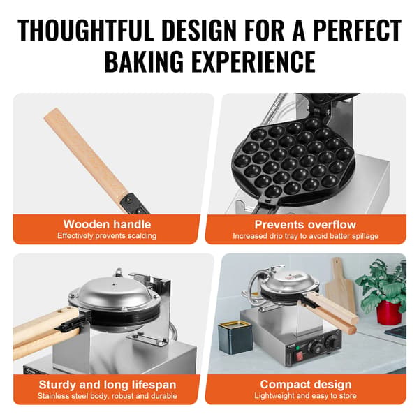 Bubble Waffle Maker, 1400W, Rustfrit Stål, Temperaturinterval 50°C til 250°C, Dimensioner 37 x 29 x 15 cm, CE Certificeret