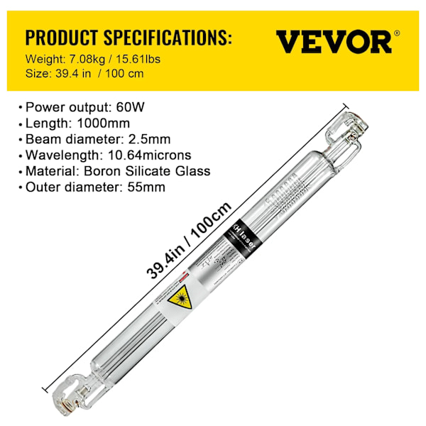 CO2-laserör, hållbart glas, hög prestanda, 60W  1000mm