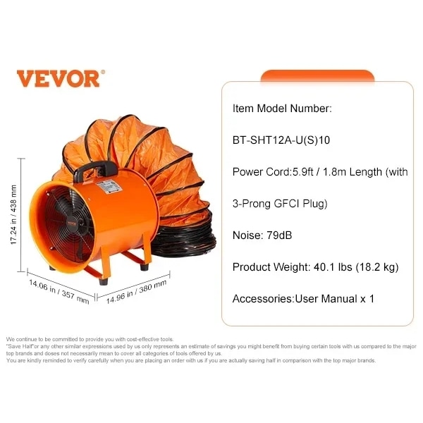 Bärbar ventilator, 12-tums cylindrisk fläkt, 3198CFM industriell användningsfläkt, 10 m-367W 10 m-367W 10 m-367W