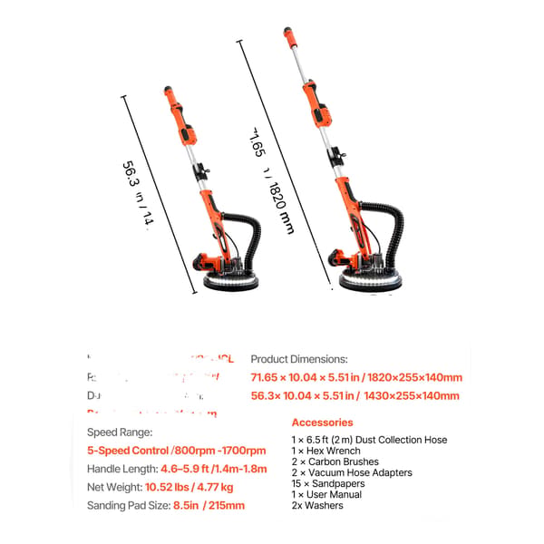 Gipspladesliber, 5 variable hastigheder, integreret LED-lys, 850W