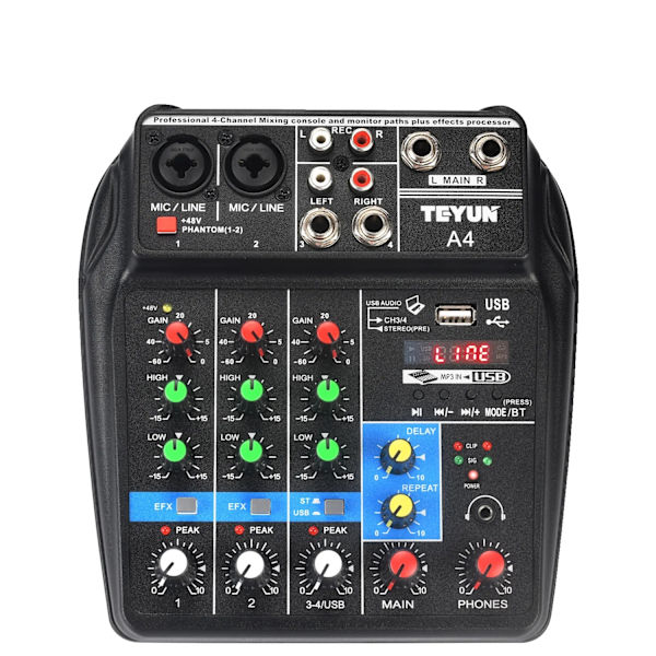 Mixerpult, 4 Kanals Lydmixer, Bluetooth & USB Forbindelse, A4 EU Stik