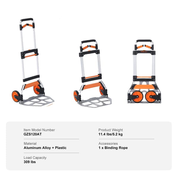 Fällbar Handtruck, Lättvikts Aluminiumlegering, Bindningsrep, 309 lbs