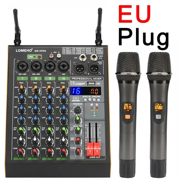 Audio mixer, UHF trådløs mikrofon, USB Bluetooth, EU -stik EU Plug