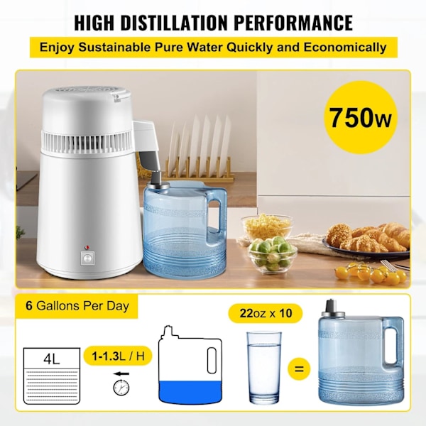 Gedestilleerd Water Machine, 4L Capaciteit, 750W Vermogen, Roestvrij Staal