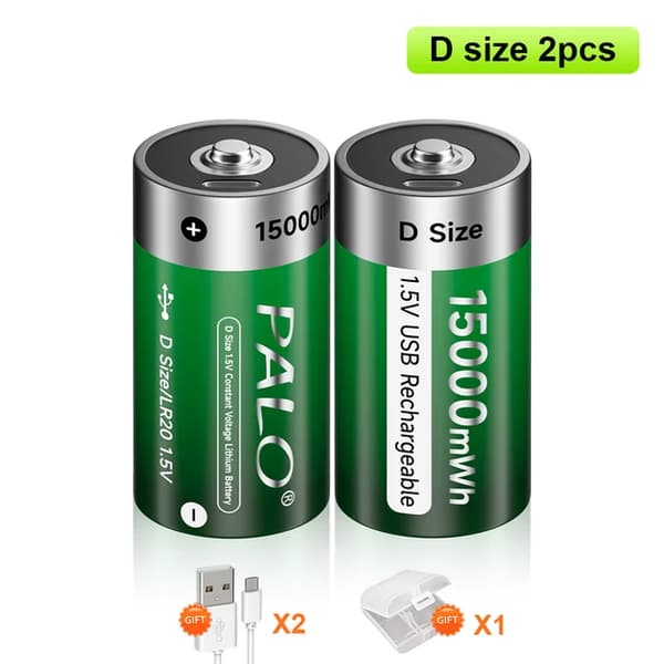 Uppladdningsbart D-storleksbatteri, Typ-C USB-laddning, Li-jonbatterier