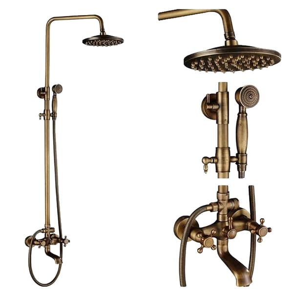 Antik Messing Brusesystem, Dobbelt Håndtag Design, 8 Tommer Regnbruserhoved, C ingen hylde