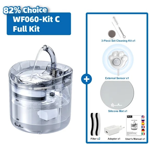 Kattvattenfontän, Automatisk dispenser, Genomskinligt filter, Kit C-Full Kit, Levereras med Adapter, 2L Kit C-Full Kit Kit C-Full Kit