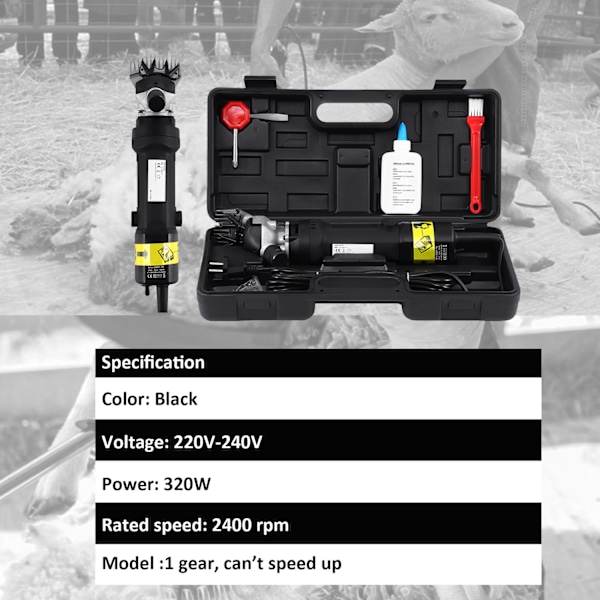 Elektrisk fåreklipper, 320W effekt, kulfiberstål blade,Sort Black black