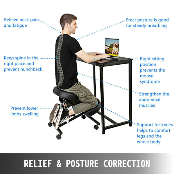 Ergonomisk Knästol - Justerbar Höjd, Skumdynor, 90 kg Belastningskapacitet Black