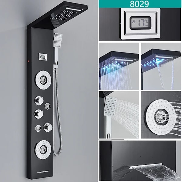 LED Brusehane, Temperatur Digital Display, Kropsmassage System, Sort 8029 Black 8029 Black 8029