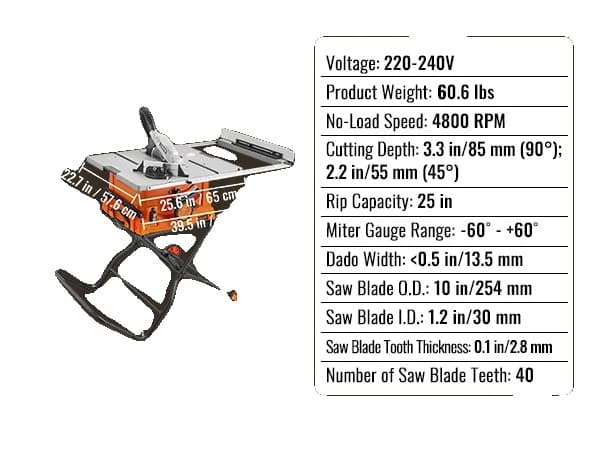 Bordsav, 8 Amp Motor, Justerbar Klinge Vinkel, Med stativ