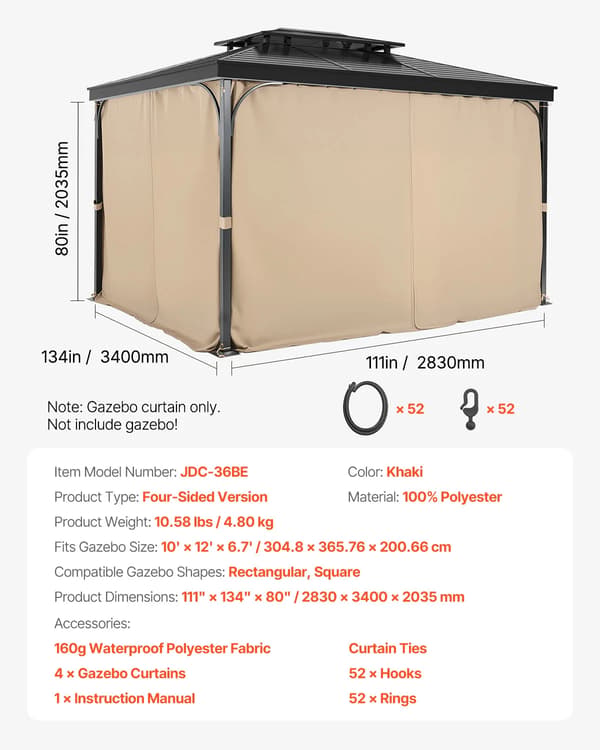 VEVOR Gazebo Gardiner, Fyrsidig Design, Hållbart Polyester Material,12ftx10ftx6.7ft