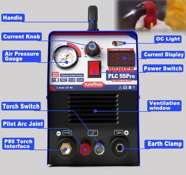 Plasma Cutter, 220V, Maksimal Strøm 55Amp, Maksimal Skæredybde 14mm, Modelnummer PLC55PRO, Alt Metal