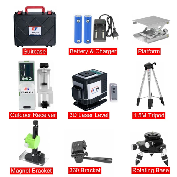 3D Laser Niveau, 12 Linjer, Høj Præcision Måling,360 Laser Modtager 360 Laser Receiver 360 Laser Receiver