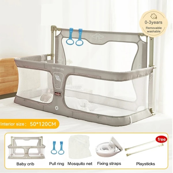 Transportabel Baby Seng, Hævebar Bumpers, 3 i 1 Seng Gelænder, Beige med net Beige with Net Beige with net