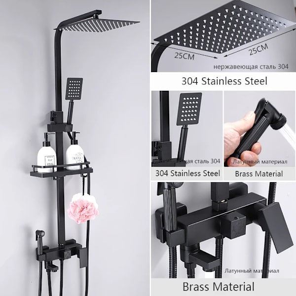 Sort Regnbruser Armatur, Justerbar Højde, Dobbelt Brusehoveder,Sort-F6026BB Black-F6026BB Black-F6026BB