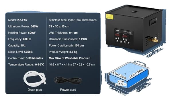 Ultralydsrenser, Dobbeltkraft Degasseringsmode, Opvarmningsfunktion, 15L